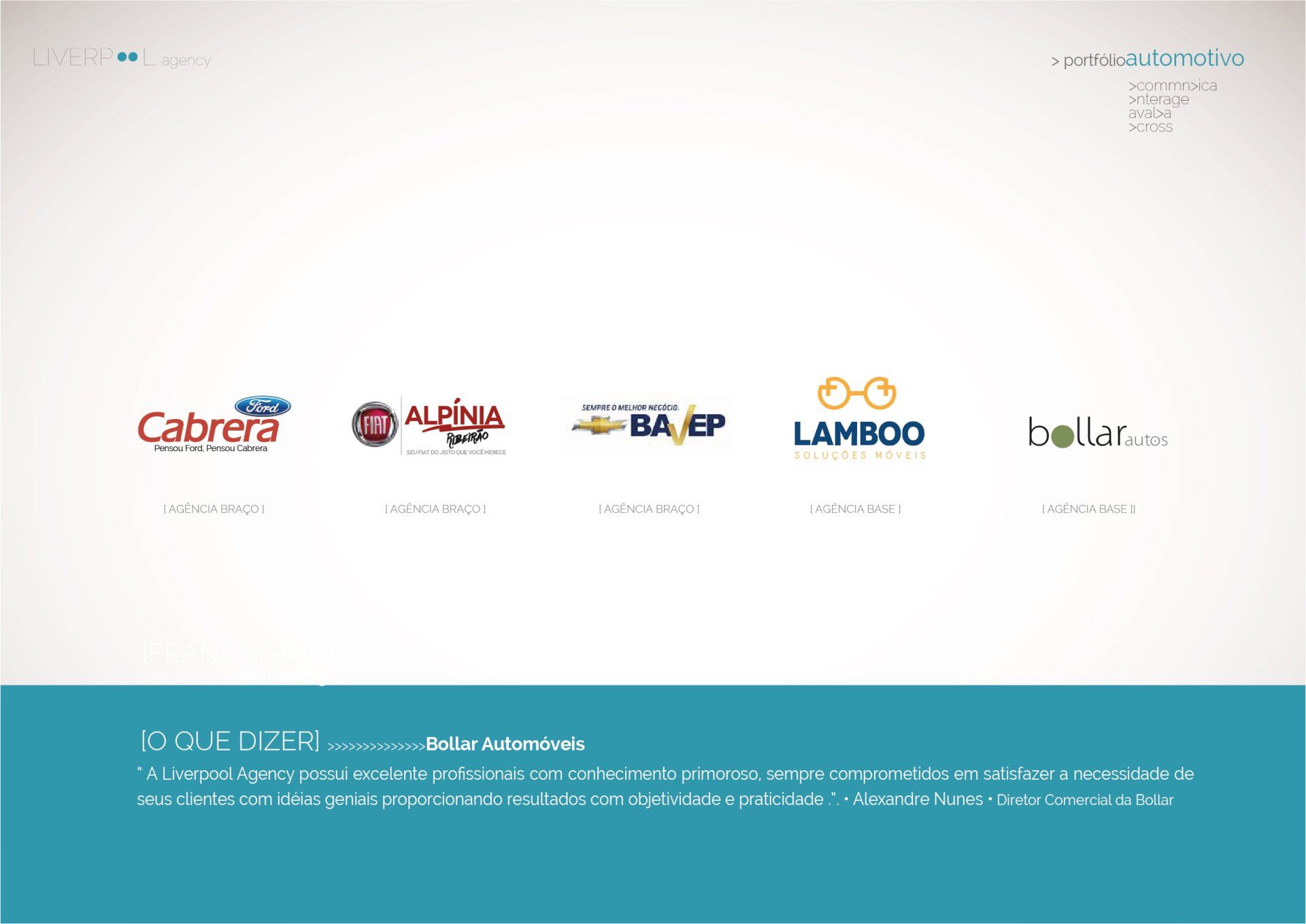 Um slide com cinco logotipos de empresas em um fundo branco, acima de uma faixa azul com o depoimento de um cliente da Bollar.