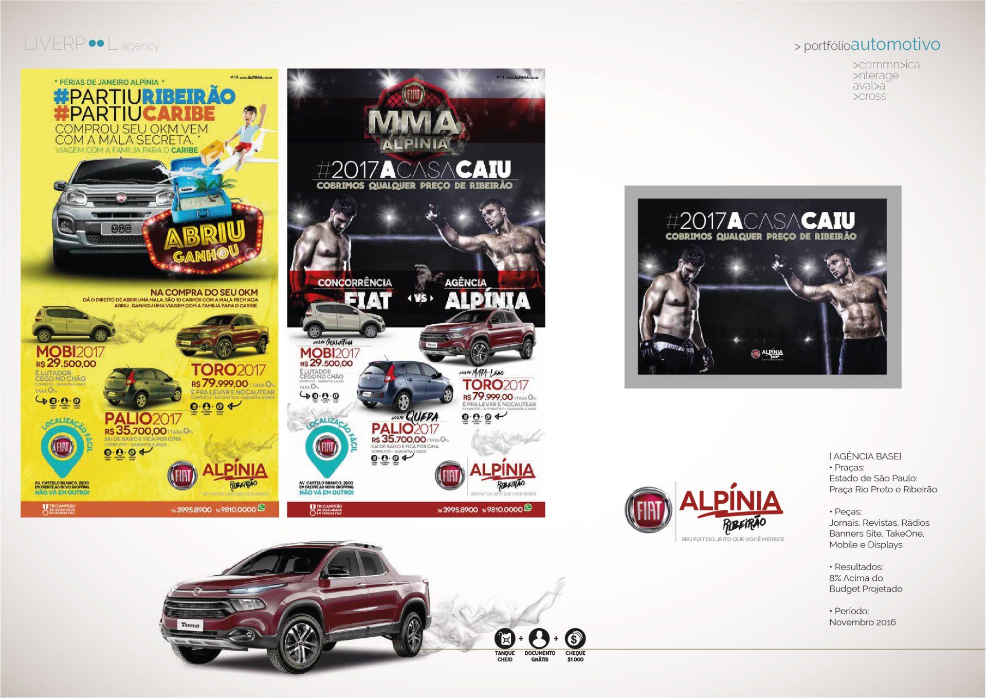 Layout promocional para a Alpinia Fiat apresentando modelos de carros, elementos gráficos para evento de vendas com temática de MMA e informações de contato da concessionária.
