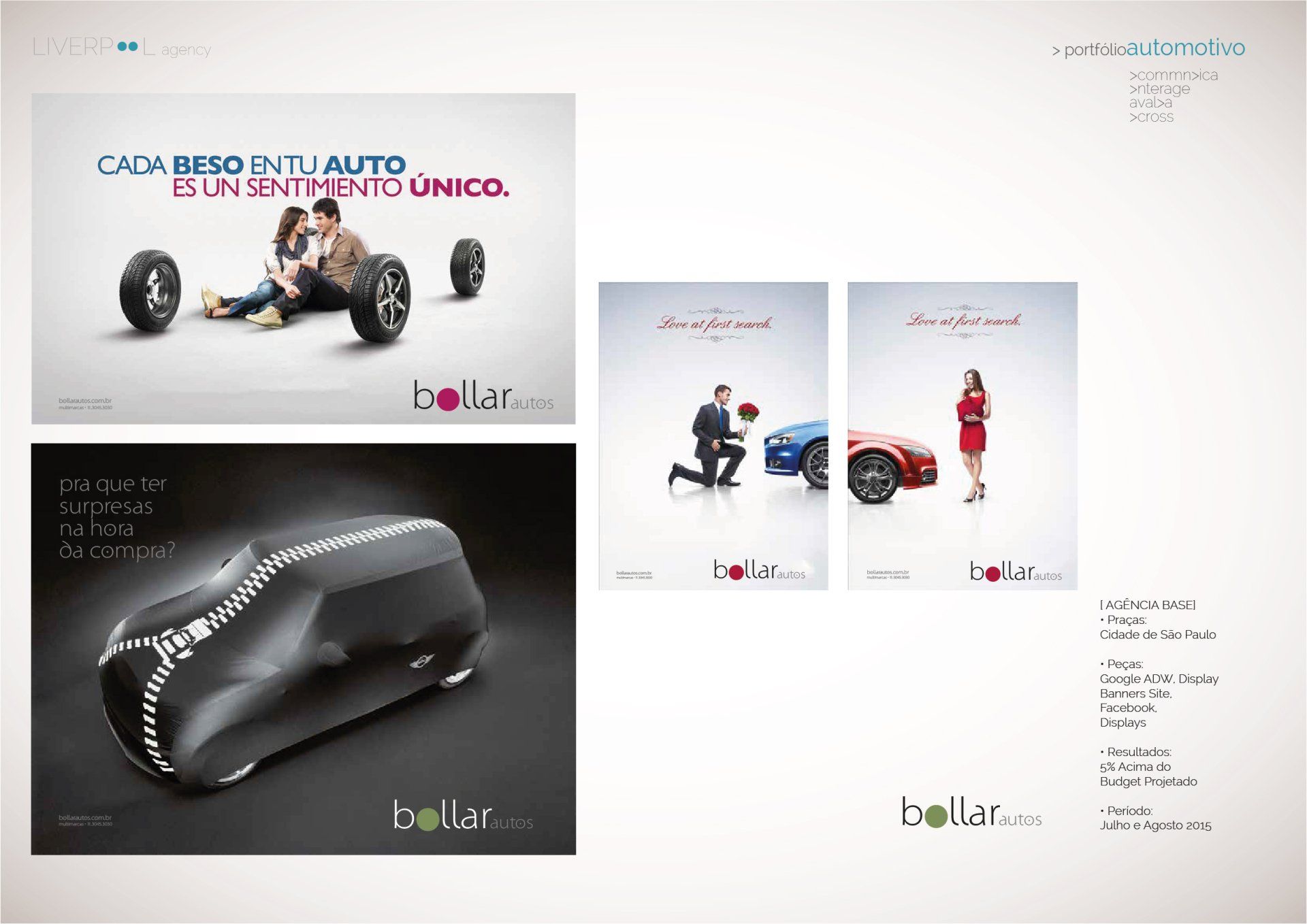 Uma coleção de anúncios automotivos da Bollar apresentando casais, uma capa de carro com zíper e informações de contato.