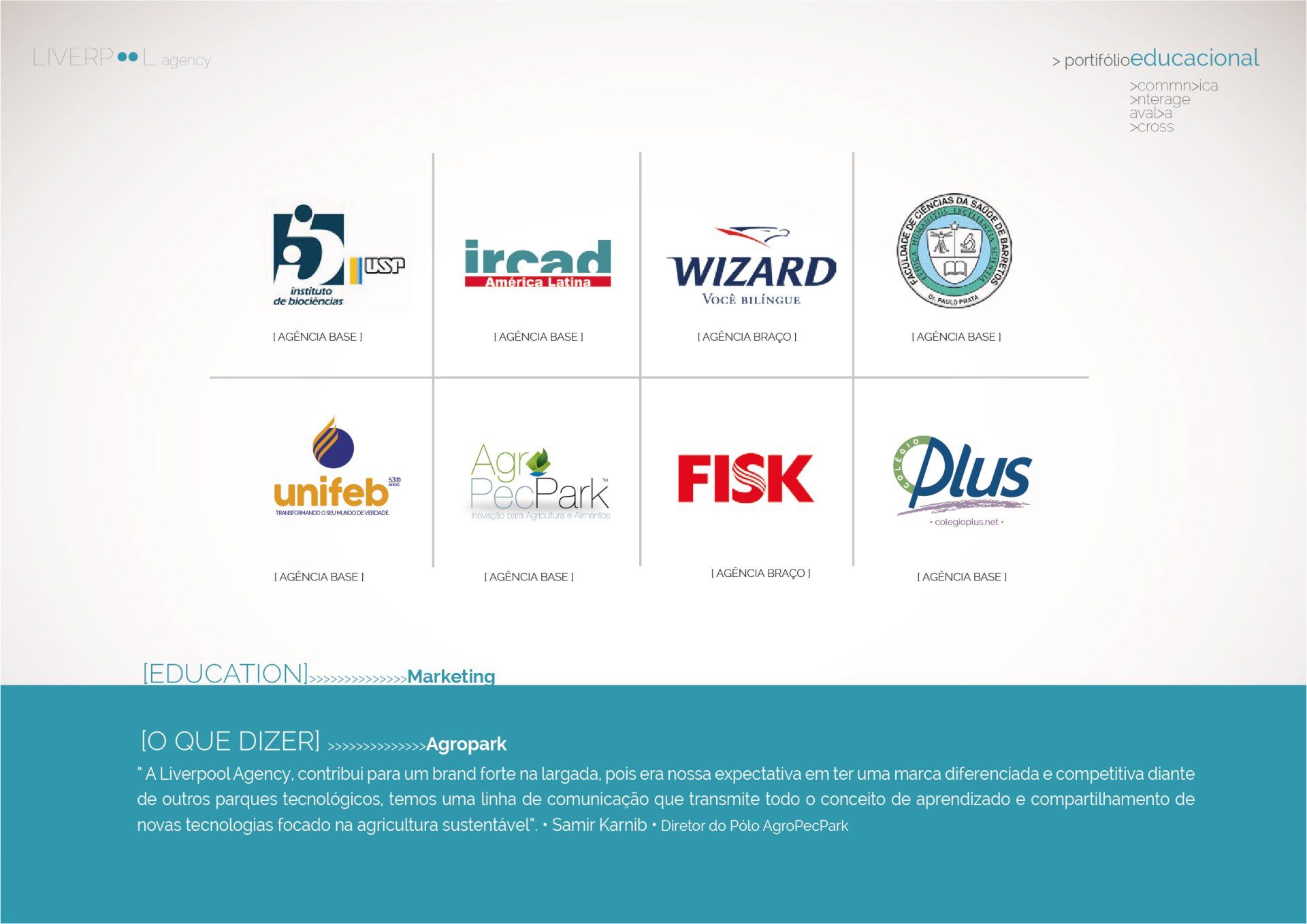 Uma grade com oito logotipos de marcas educacionais acima de um bloco de texto azul-petróleo que resume o trabalho de marketing do projeto AgroPark.