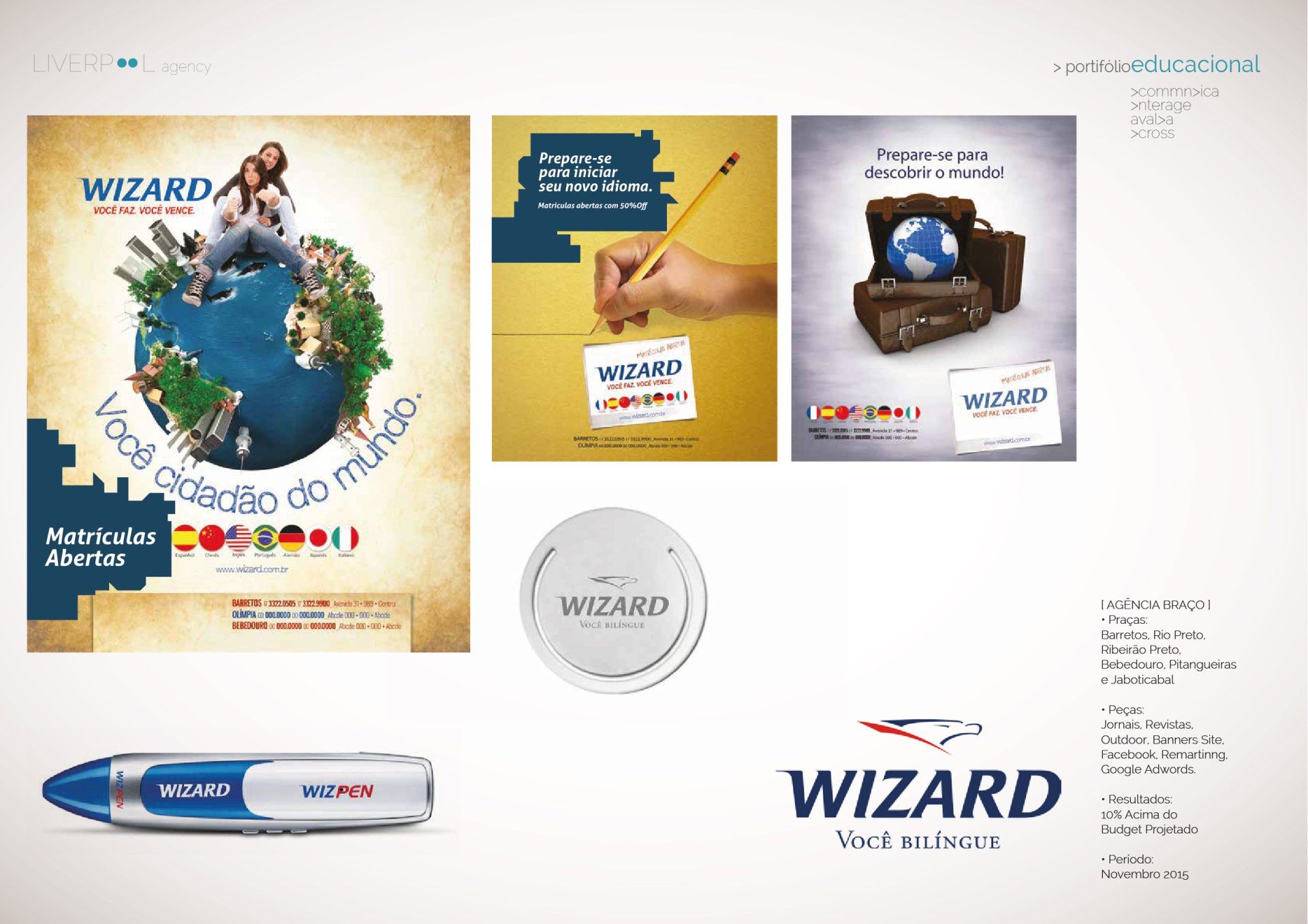 Uma coleção de materiais promocionais da escola de idiomas Wizard, incluindo pôsteres, uma caneta e um botão com o logotipo.