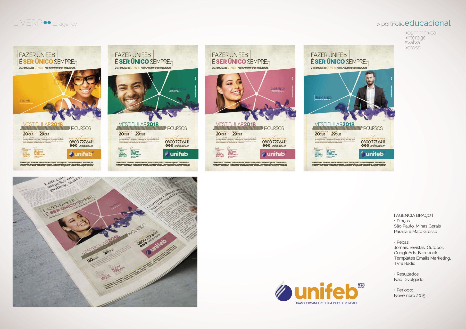 Layout de marketing mostrando quatro variações de um folheto para o Unifeb, incluindo uma simulação do folheto em um jornal.