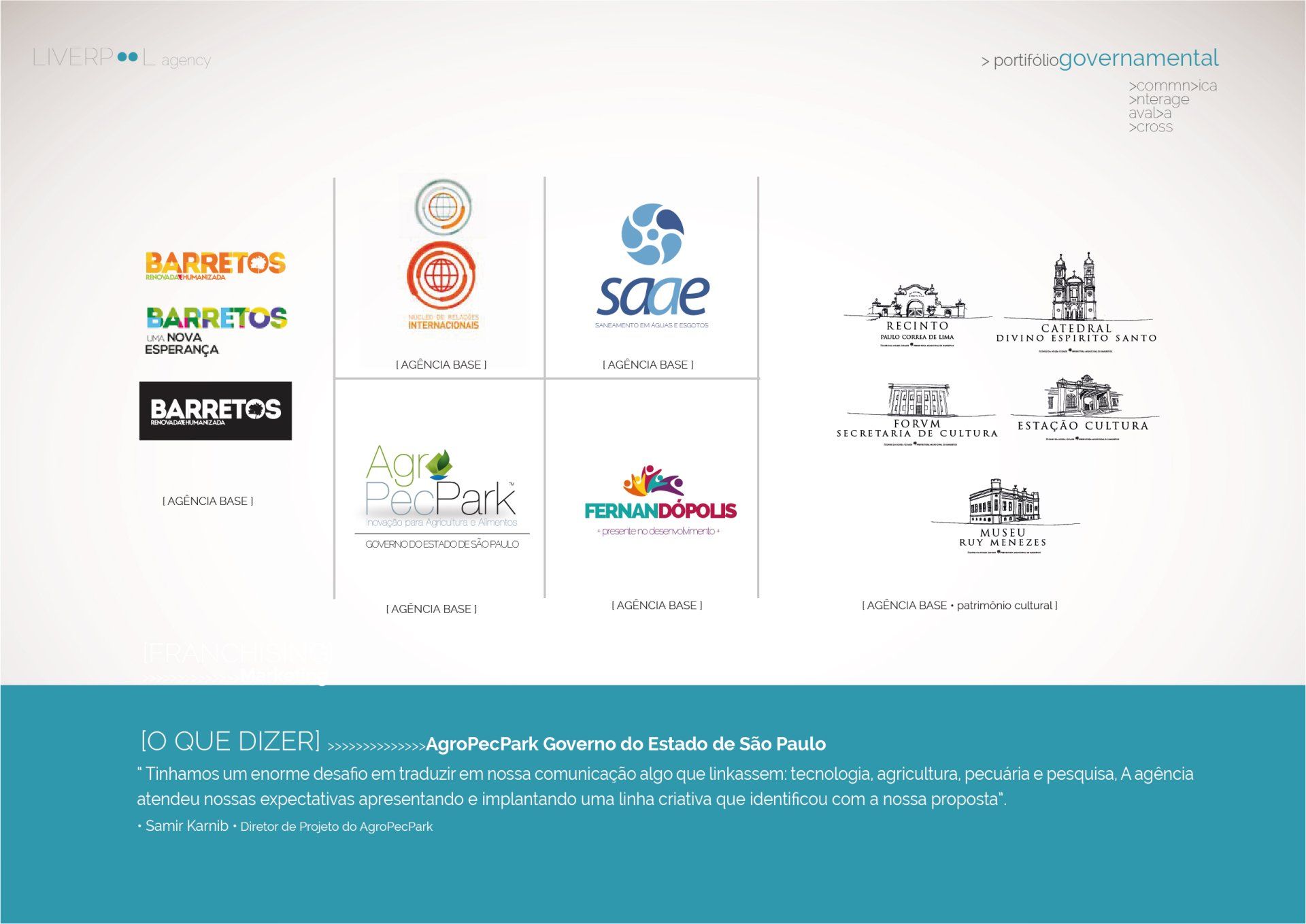 Exibição em formato de grade com logotipos de governos e organizações, incluindo Barretos, Saae e AgroEcoPark, com um rodapé descritivo.