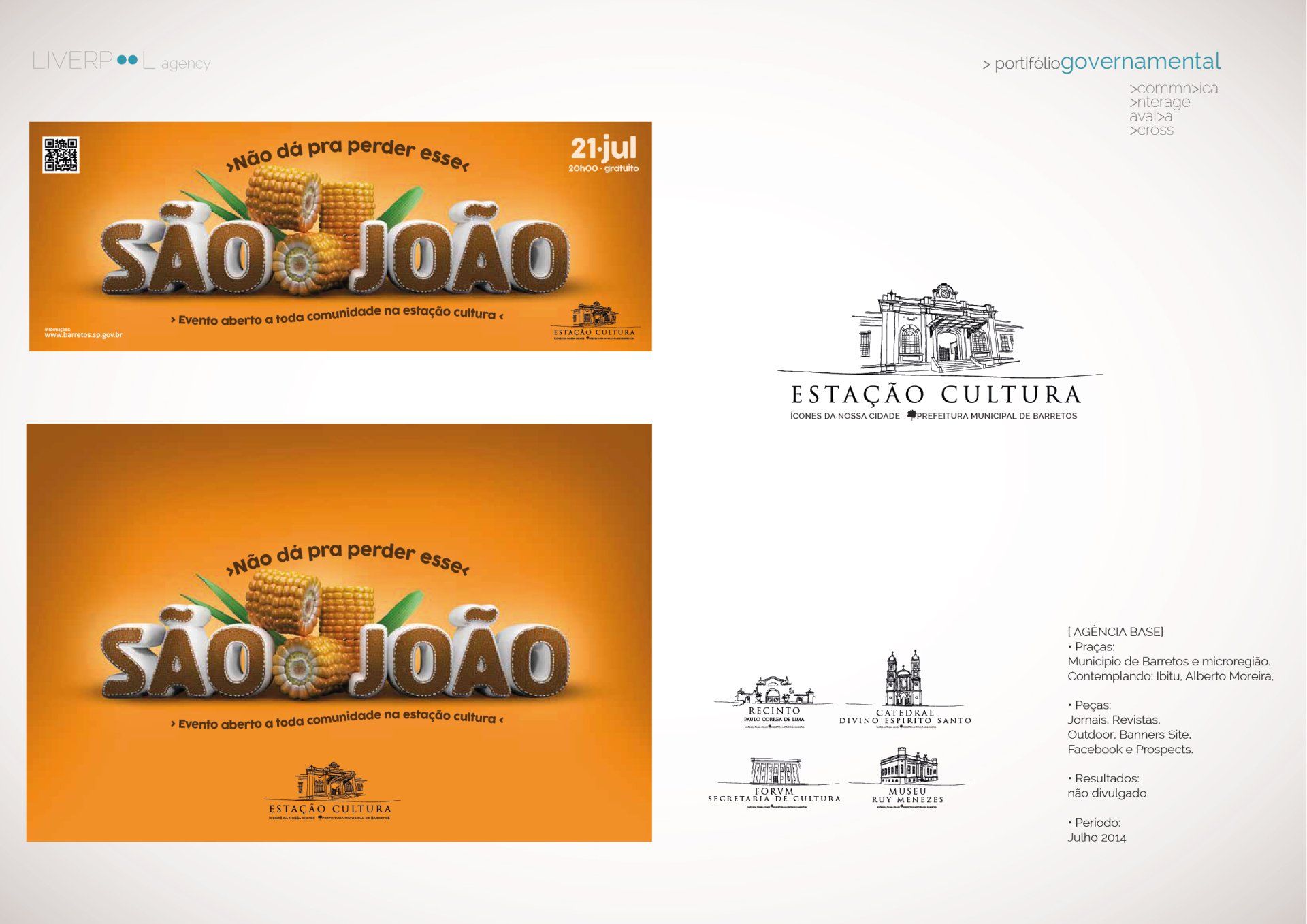 Promotional branding for São João featuring typography, corn graphics, and the Estação Cultura logo on an orange background.