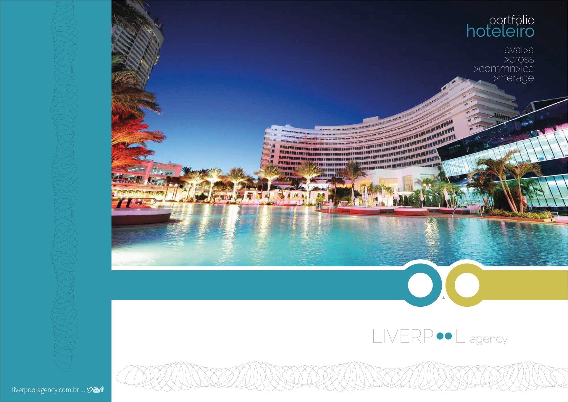 A capa elegante de um folheto com tema azul apresenta um grande hotel de luxo com uma piscina iluminada ao entardecer, intitulado 
