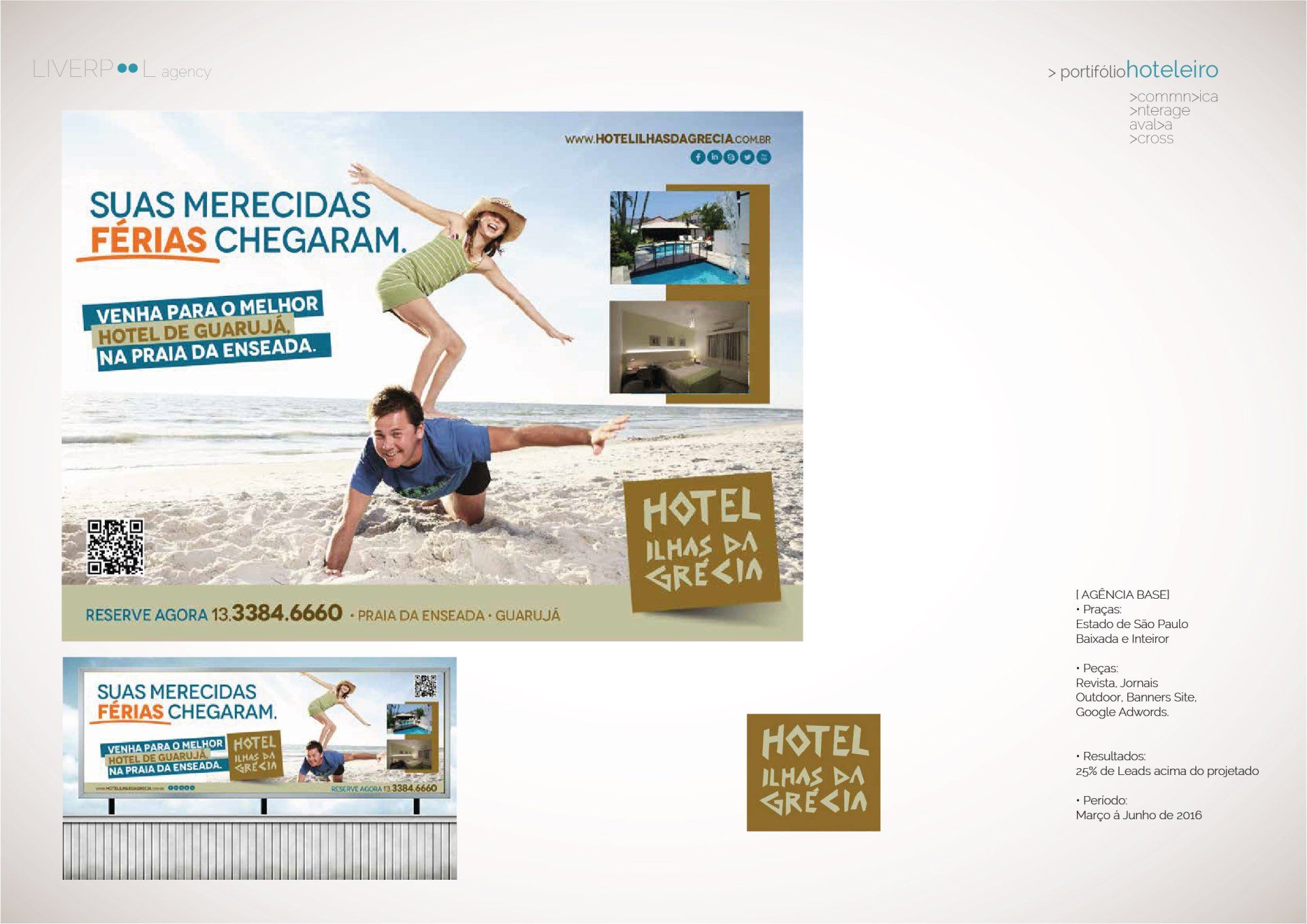 Um anúncio de hotel apresentando uma pessoa em pé nas costas de outra pessoa em uma praia, com imagens das instalações do resort.