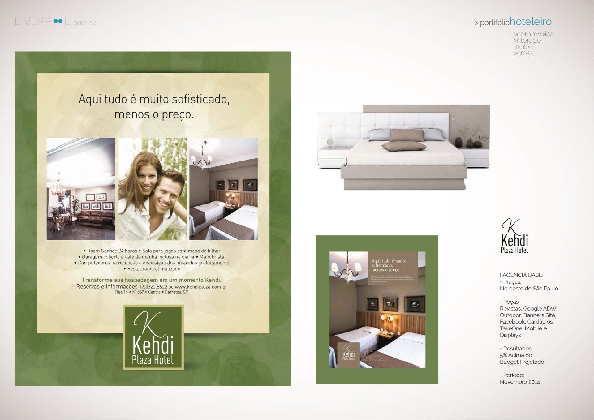 Um anúncio promocional do Hotel Kehdi Plaza mostrando fotos dos quartos, de um casal e informações de contato.