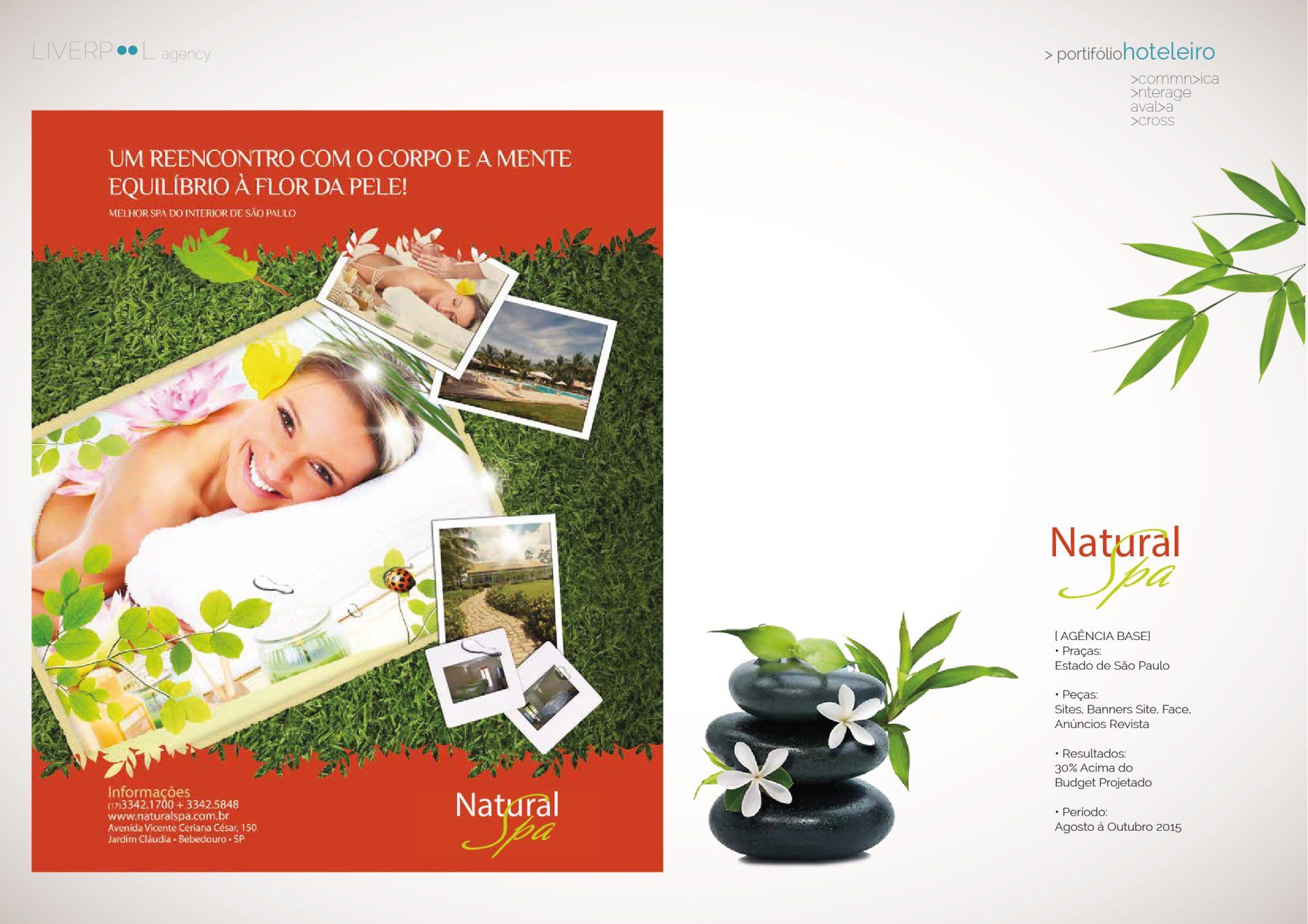 Anúncio da Natural Spa apresentando uma mulher sorridente, fotos da natureza e imagens com temática de spa em fundos vermelhos e brancos.