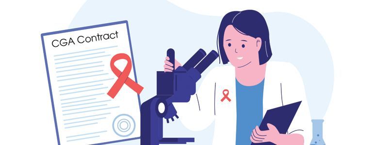 Doctor holding clipboard beside microscope and cancer ribbon in a medical lab illustration