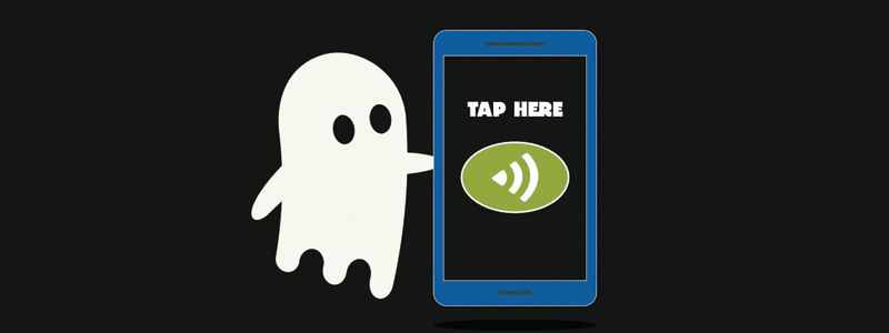 White ghost beside a blue smartphone with a green sound icon and “TAP HERE” text