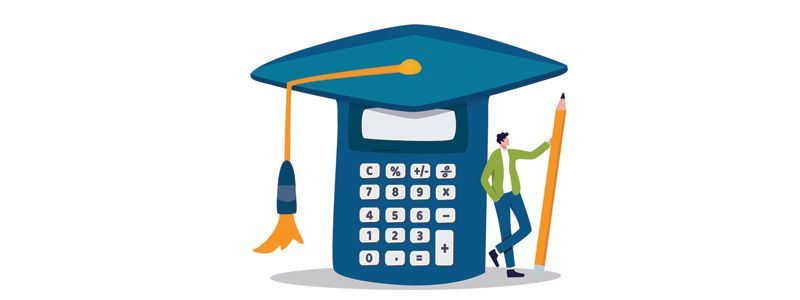 Calculator with graduation cap, pencil, and person.