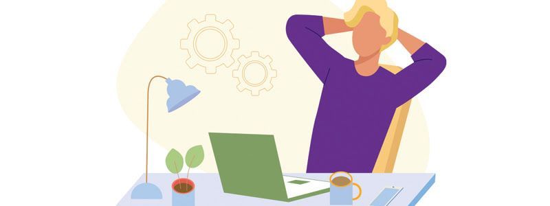 Cartoon drawing of a person with hands behind head, sitting at desk with laptop, coffee, and lamp.