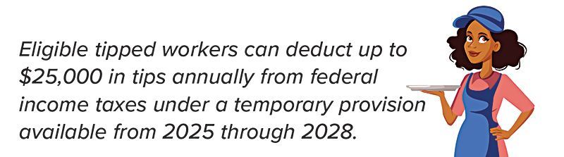 Text about tipped workers deducting up to $25,000 in tips from federal income taxes, with a cartoon waitress.