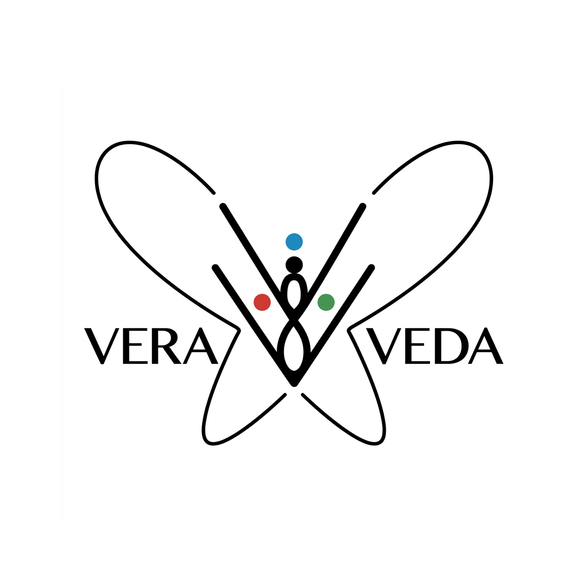 VERA VEDA logo with black butterfly outline and colored dots in the center