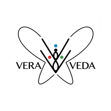 VERA VEDA logo with black butterfly outline and colored dots in the center