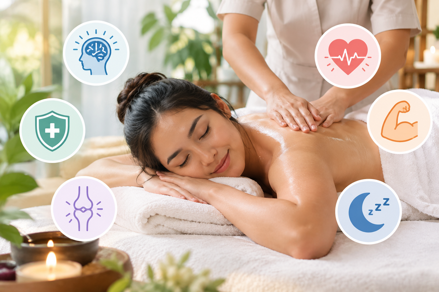 Spa massage scene with a woman receiving a back massage, surrounded by wellness icons