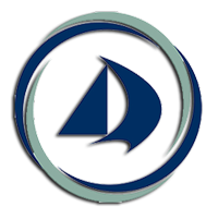 Blue sailboat logo inside a teal and navy circular ring on a white background