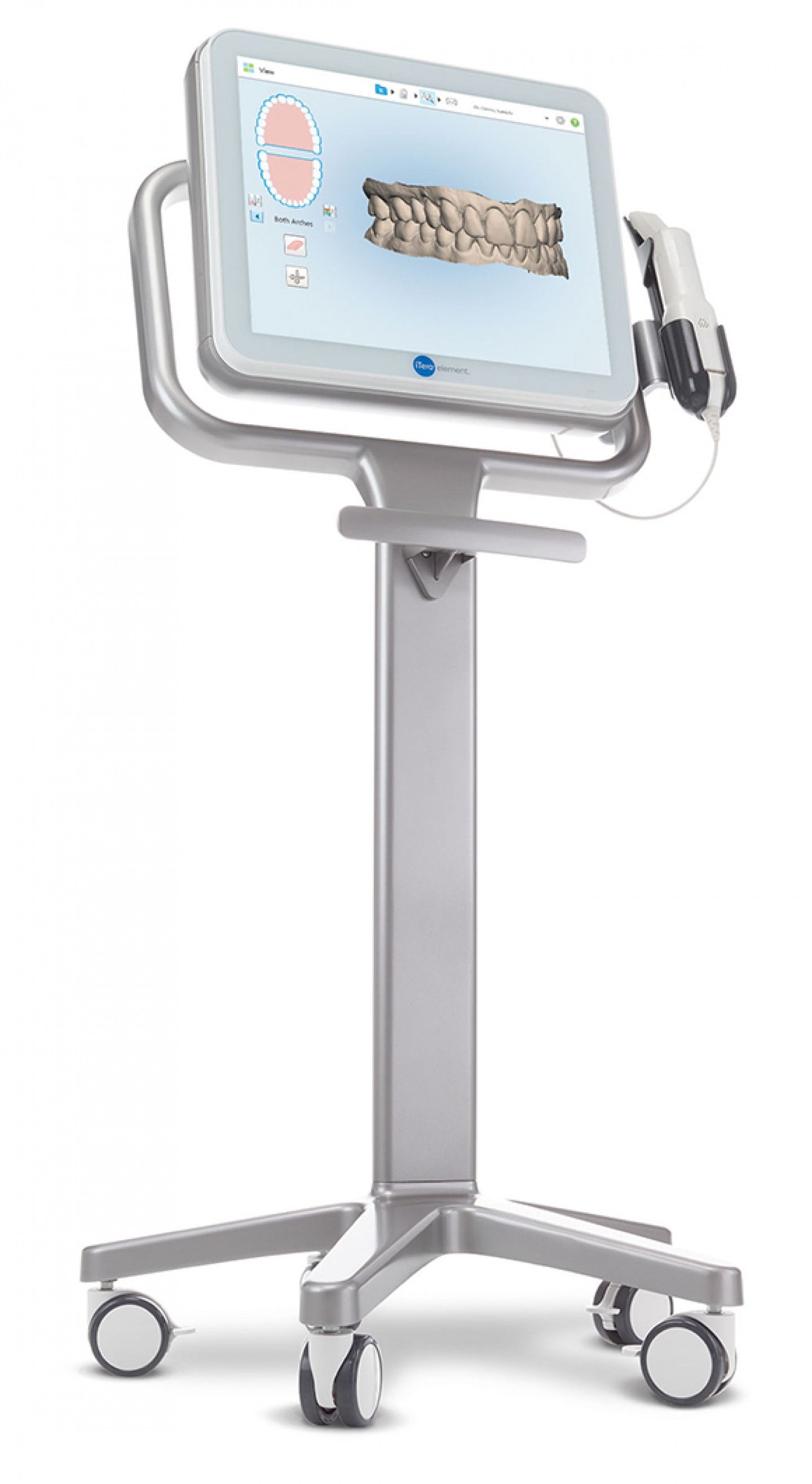 Dental digital scanner on a rolling stand, displaying 3D dental model, with handheld scanner attached.