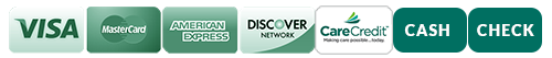 Logos for Visa, Mastercard, Discover, CareCredit, Cash, and Check.