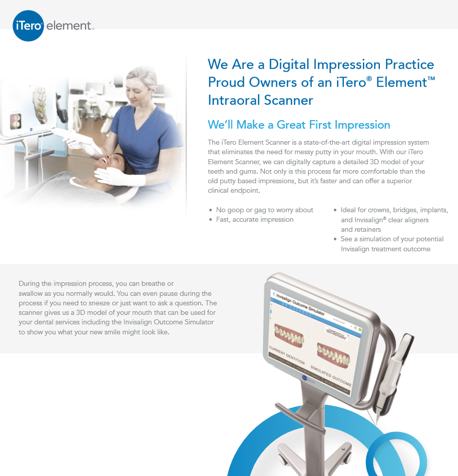 A medical office advertisement. A dental professional scans a patient’s mouth with an iTero Element intraoral scanner.