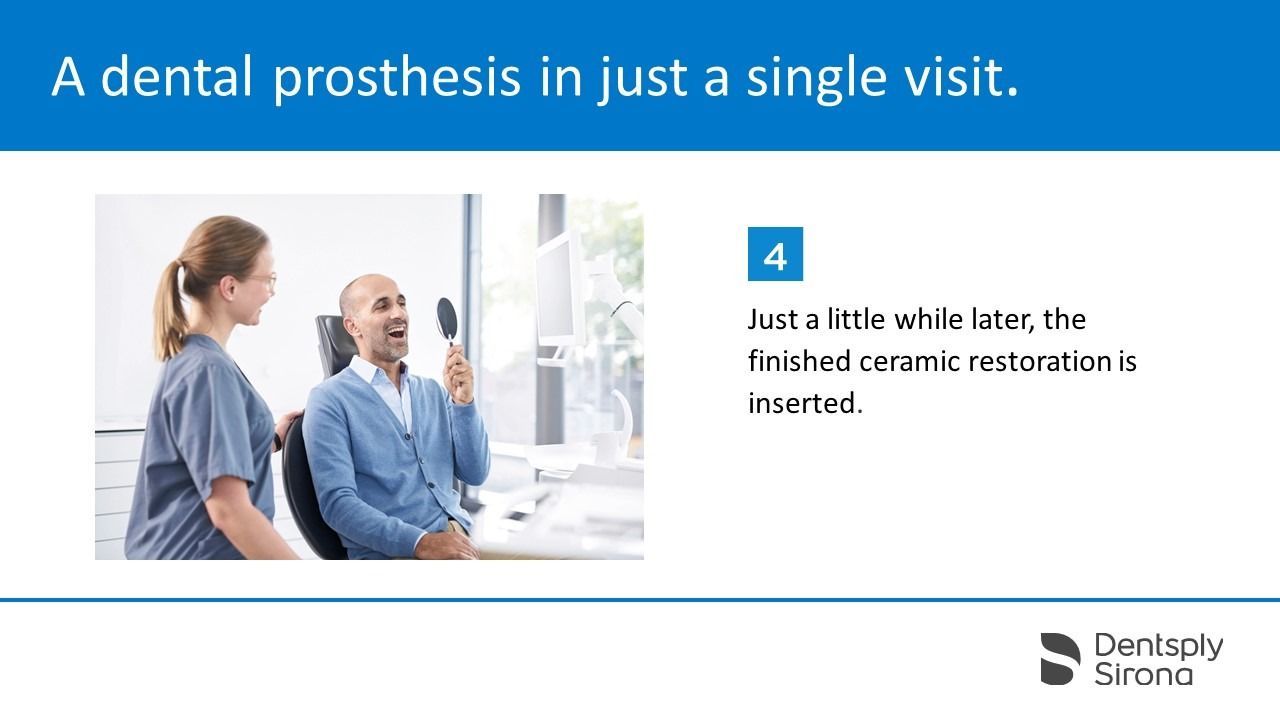 A dentist shows a patient his new ceramic dental restoration.