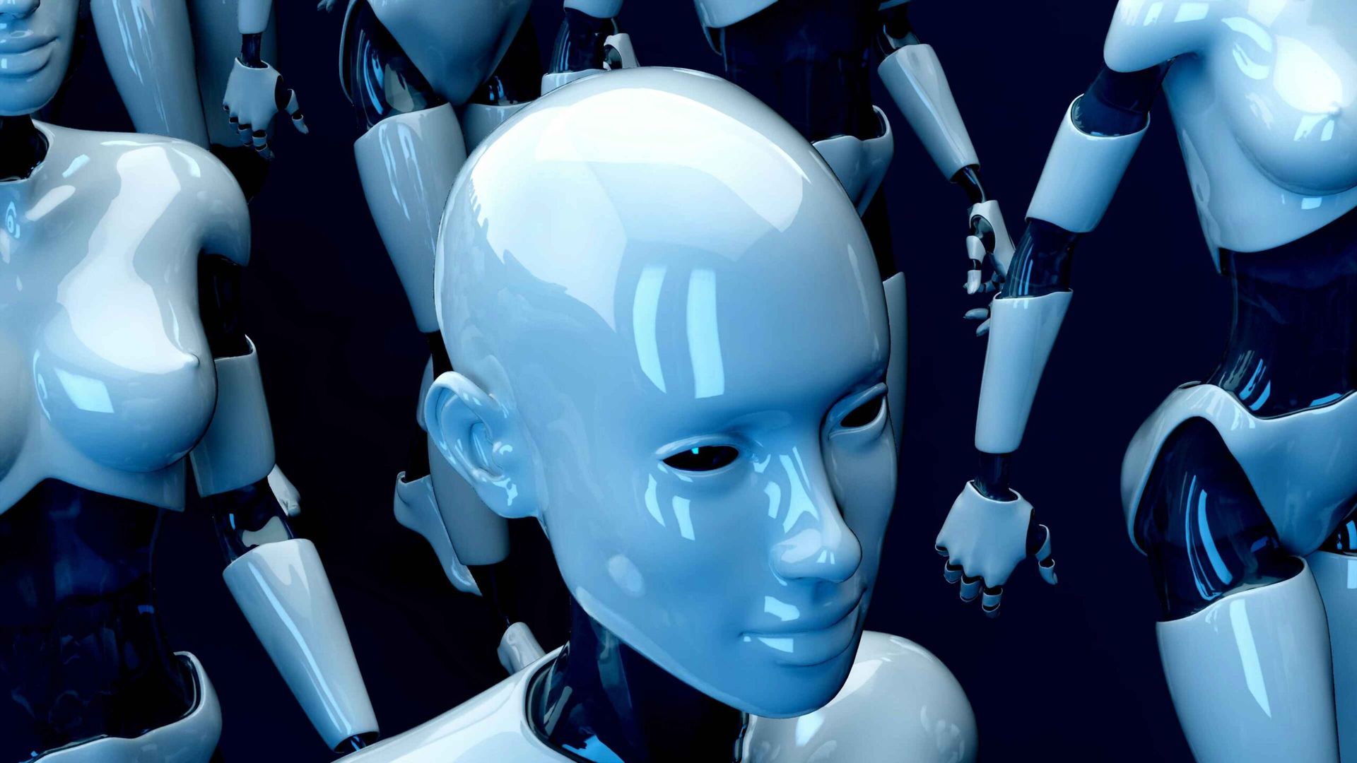 Shiny white androids with blank expressions crowd together.