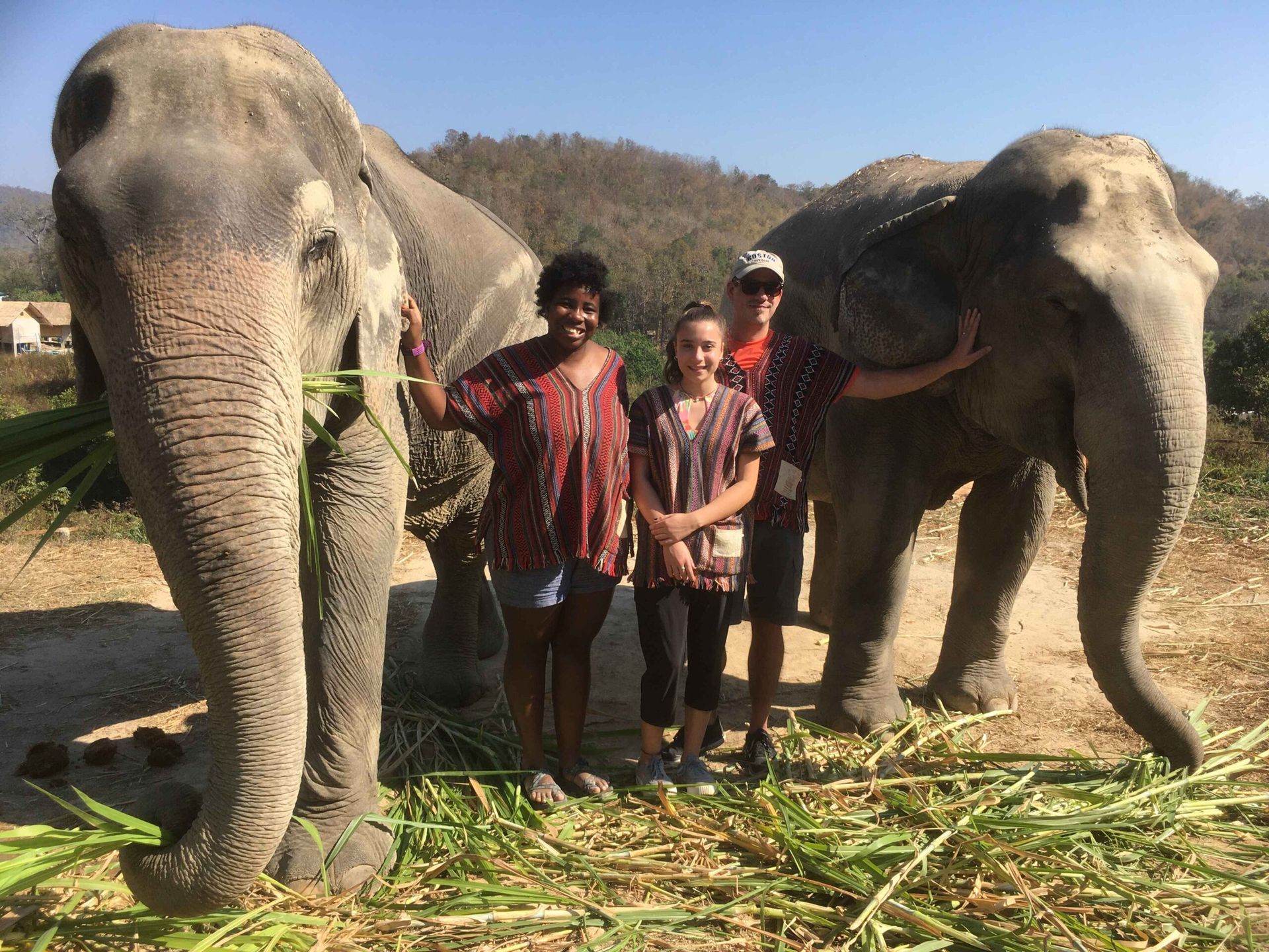 Three people pose with two elephants, smiling. Outdoors, sunny, mountains in the background.