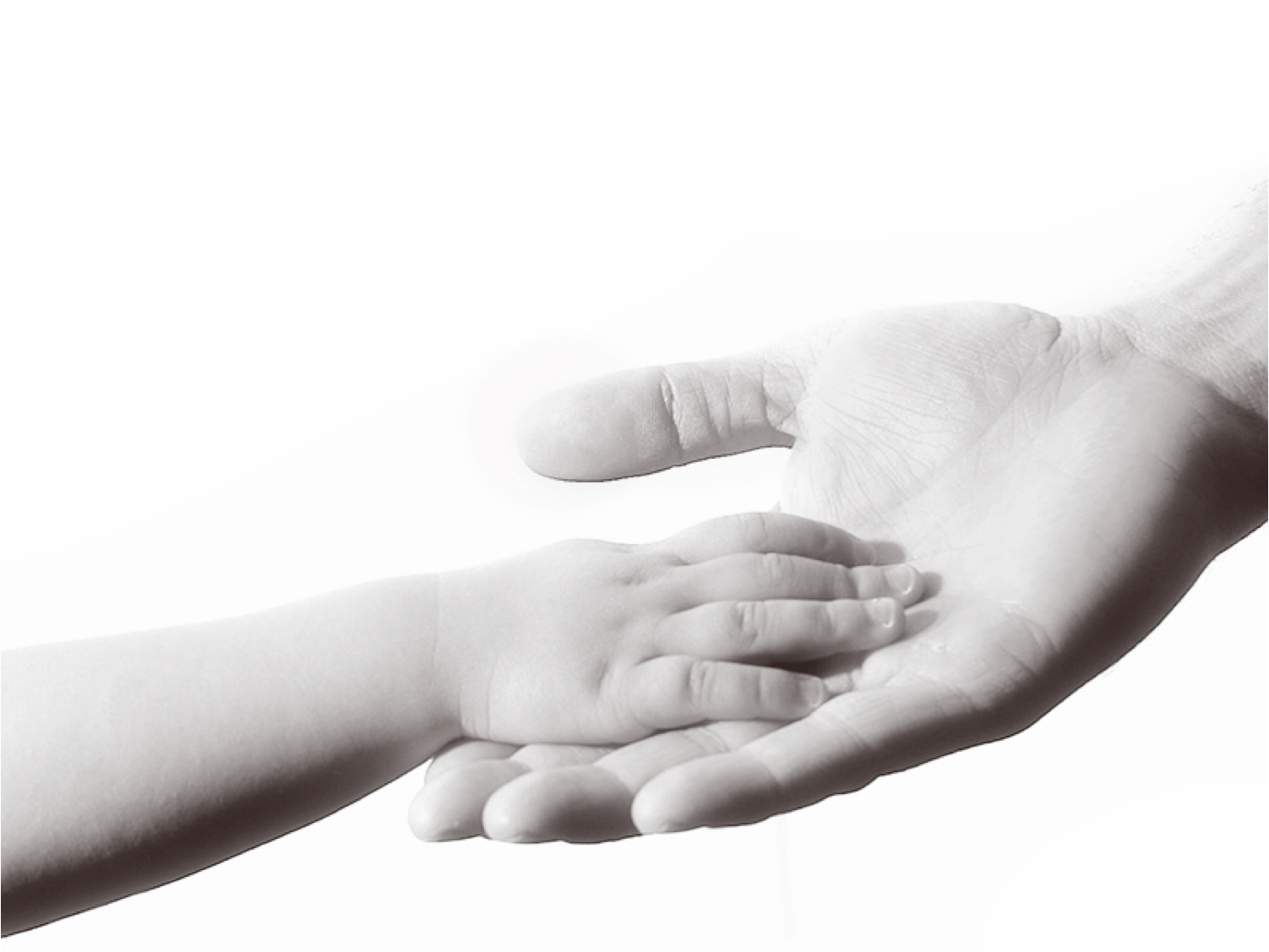 Adult hand holding a child's hand, symbolizing care and support. Black and white, against a white background.