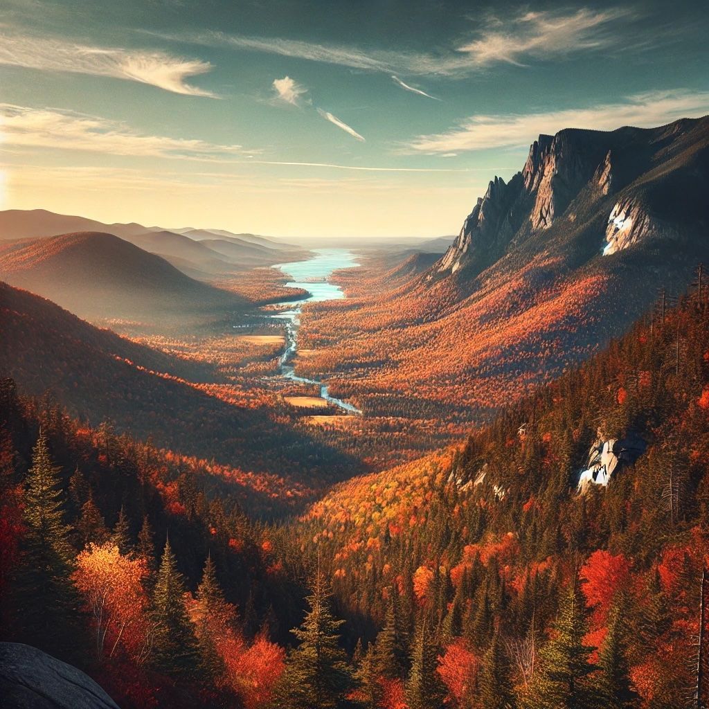Autumnal mountain valley with a river winding through colorful forests under a sunny sky.