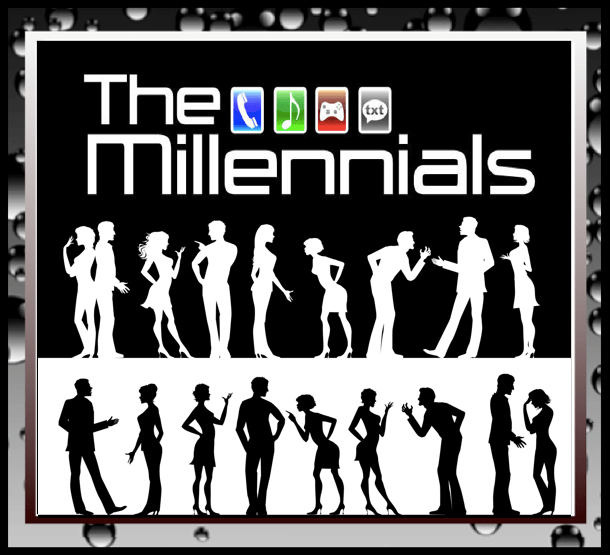 The Millennials title with silhouetted figures, including mobile device icons above them, in white and black.