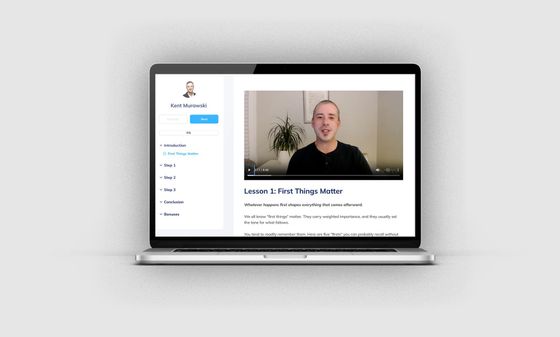 Laptop showing a website with a video of a man speaking and a left sidebar menu
