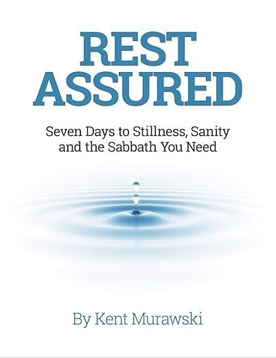 Book cover titled “Rest Assured” with blue water ripple and subtitle about Sabbath rest.