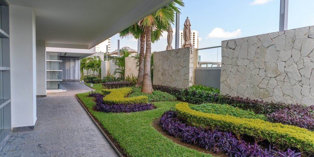 A landscaped walkway with green and purple plants, a stone wall, and a view of the sky.