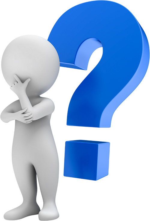 White figure pondering next to a large blue question mark.