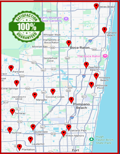 Map of Boca Raton and surrounding areas with red location markers; 100% Satisfaction Guaranteed badge.