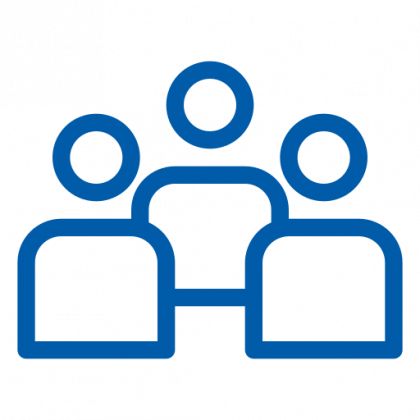 Blue outline icon of three people, indicating a group or team