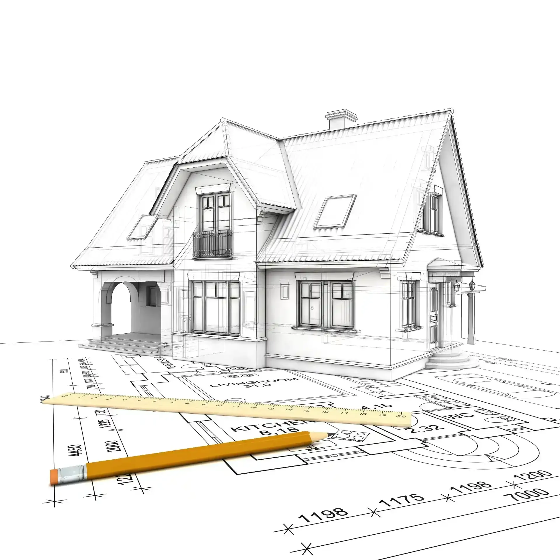 Il disegno a tratto di una casa è appoggiato su planimetrie architettoniche, con una matita di legno e un righello in primo piano.