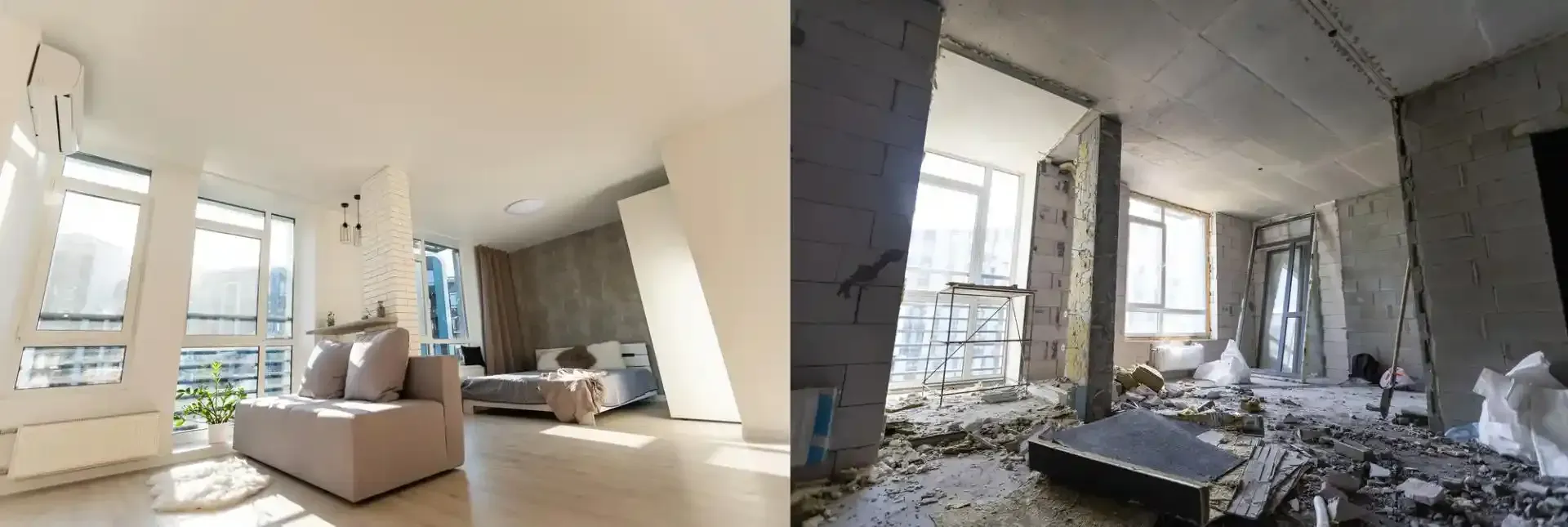 Ein Vergleich eines Zimmers im Splitscreen: links ein möblierter, moderner Wohnraum und derselbe Raum im Bau.