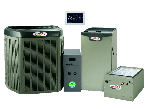 Set of green HVAC units and thermostat panel displayed on a white background