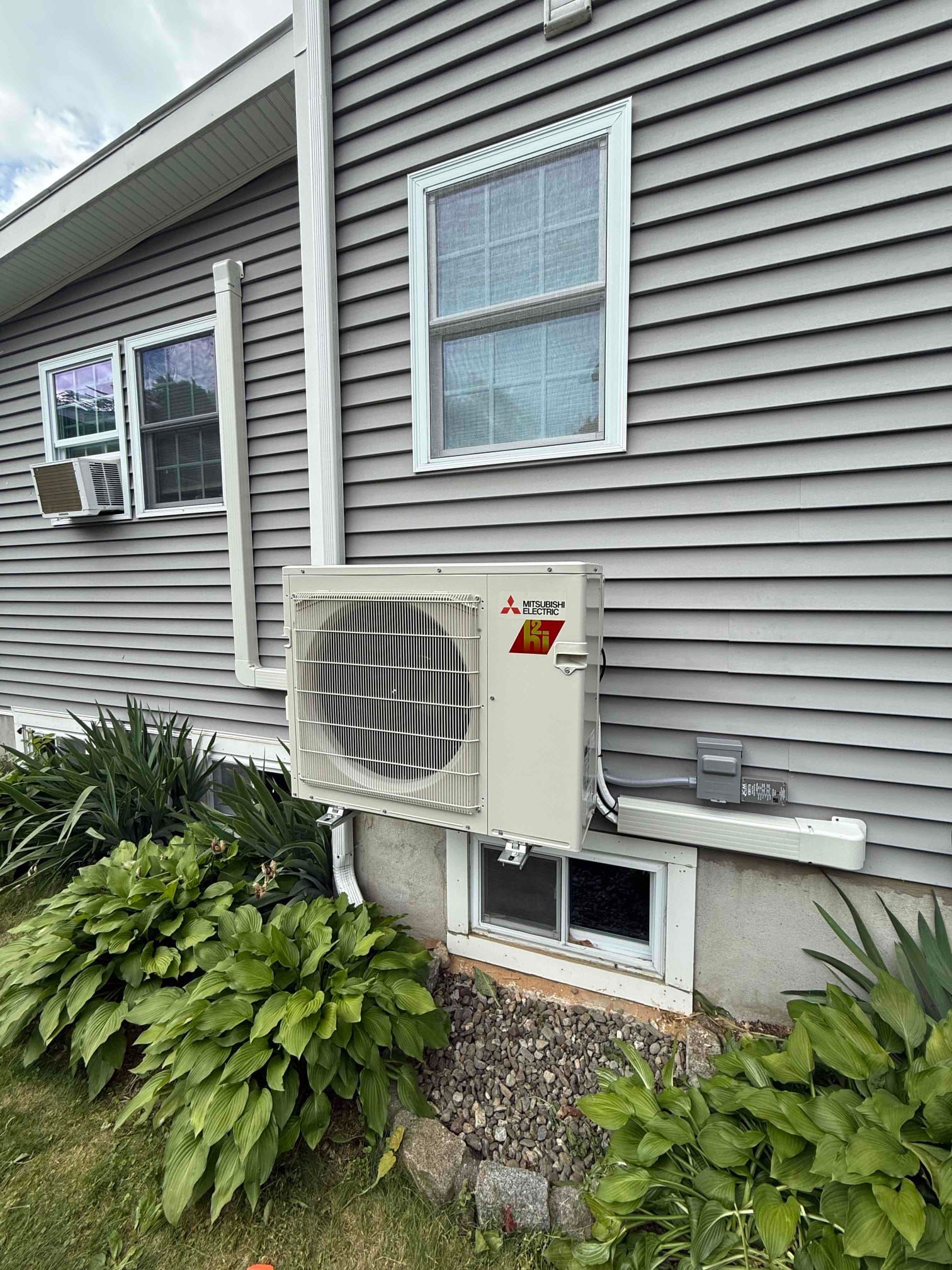 Side of a house with two windows, wall-mounted HVAC unit, and dense green plants below.