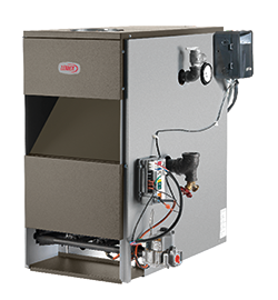 Gray HVAC furnace unit with exposed wiring and control components on a white background