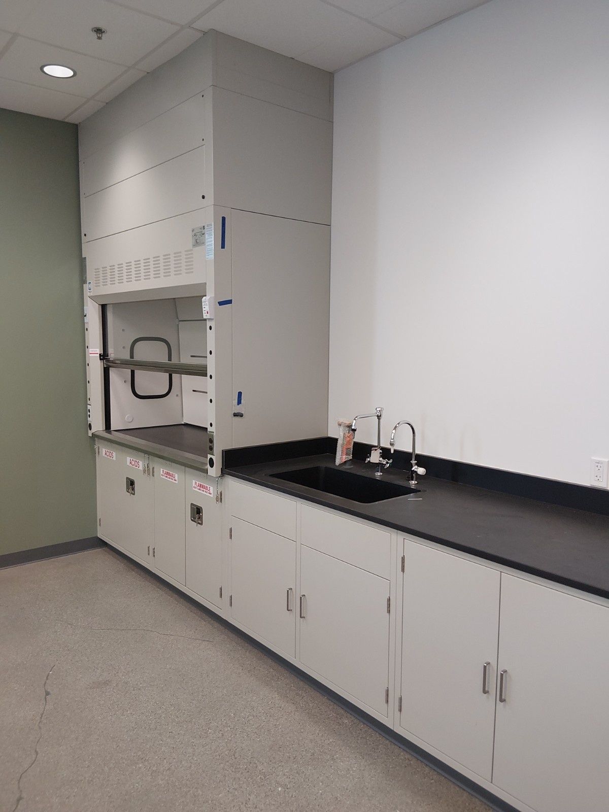 A laboratory workstation featuring a white fume hood, a black sink, and white cabinets against a white and green wall.