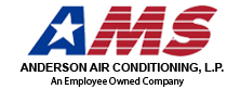 Logo for Anderson Air Conditioning, L.P., featuring a blue "A" with a white star and red striped "MS" text below.
