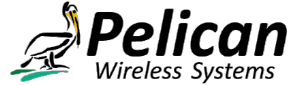 Logo for Pelican Wireless Systems, featuring a stylized black and white pelican standing on a small green patch.
