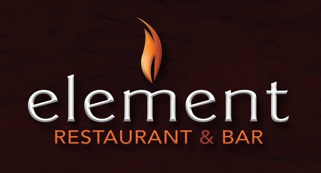 Logo for Element Restaurant & Bar with white text and orange flame on dark background