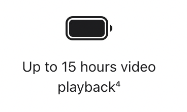 A picture of a battery that says `` up to 15 hours video playback ''.