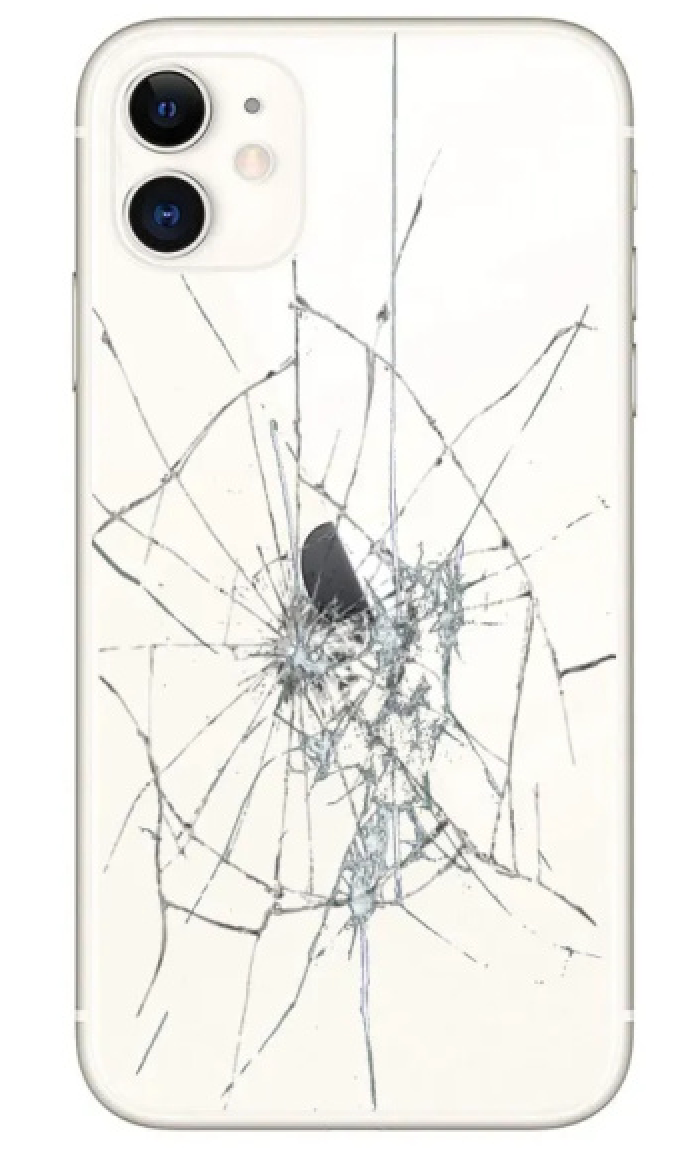 The back of a white iphone with a broken screen.
