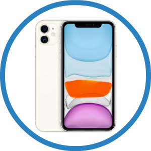 A white iphone 11 in a blue circle on a white background