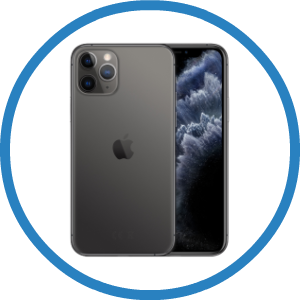 A black apple iphone is shown in a blue circle