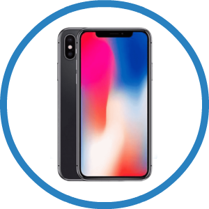 An iphone x is in a blue circle on a white background.